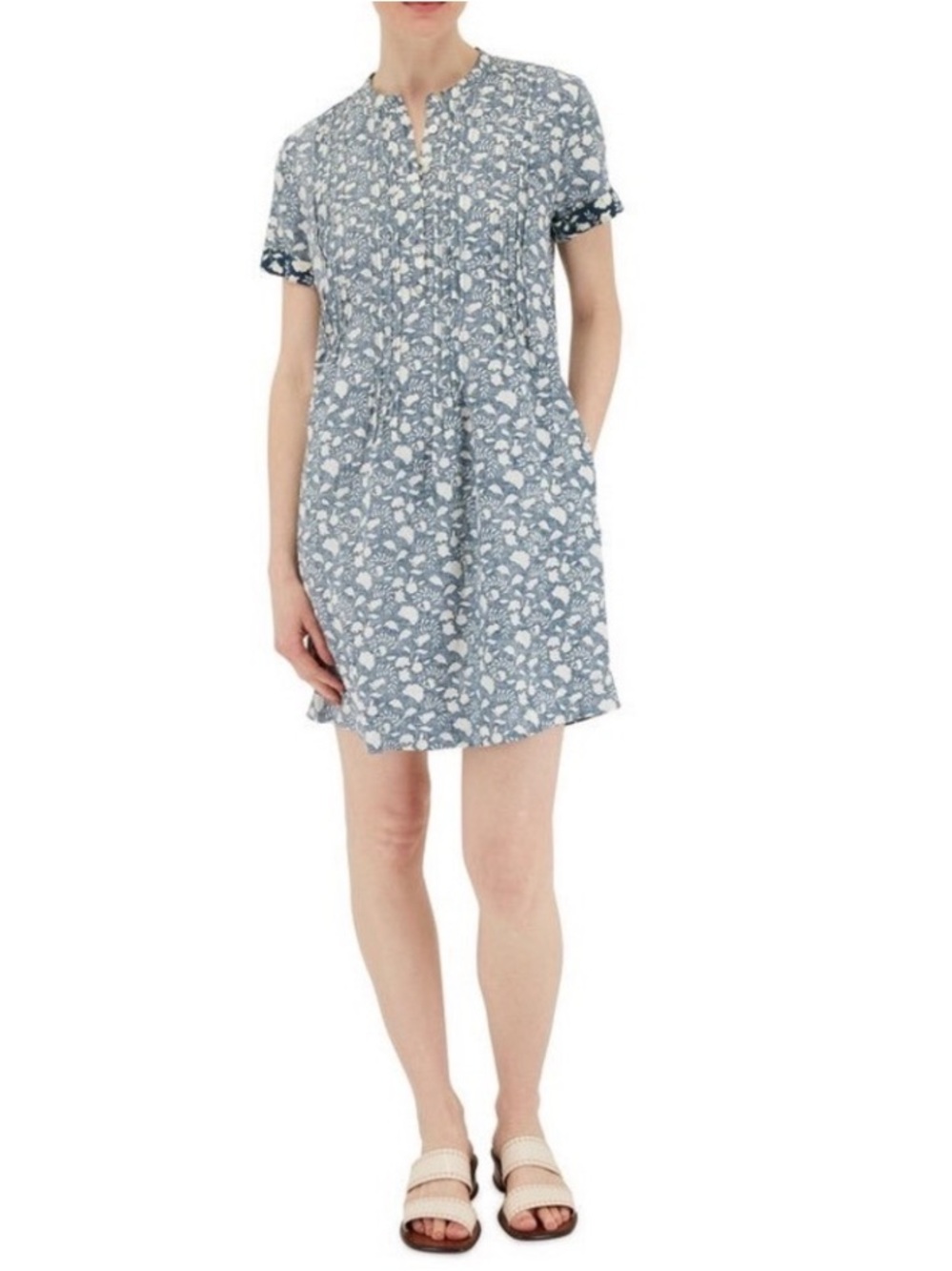 Faherty Gemina Indigo Echo Floral Linen Blend Pintuck Short Sleeve Dress S